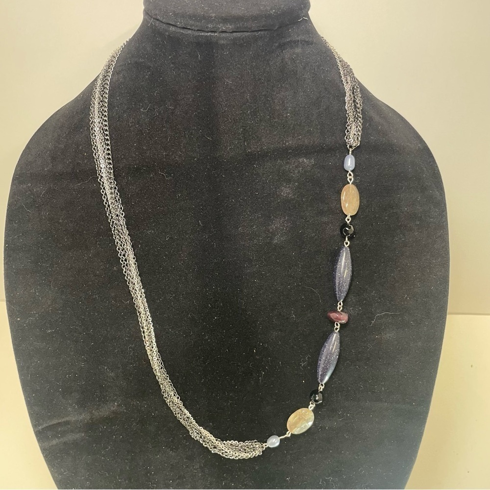 Metro 7 Silver and Black Multi Strand Necklace with Purple and Cream Beads